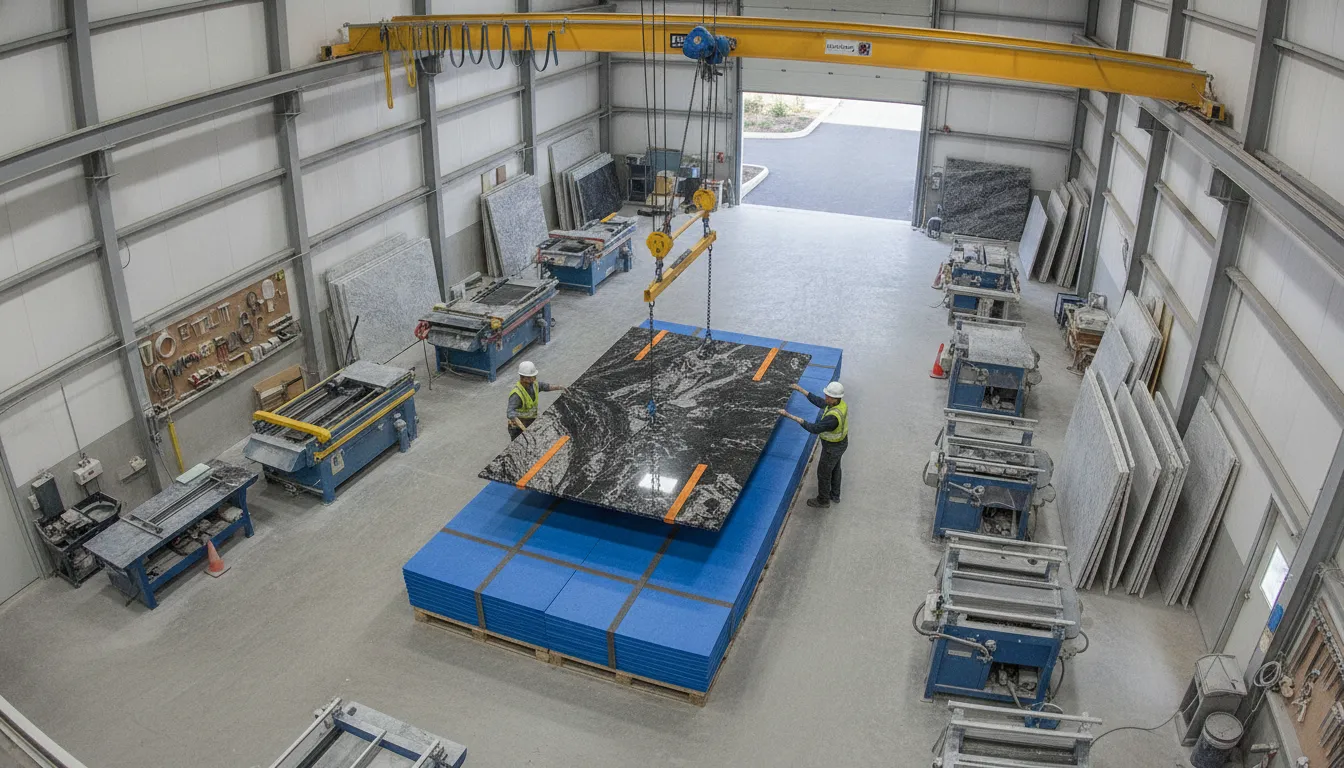Overhead gantry guiding a granite countertop slab in a fabrication workshop