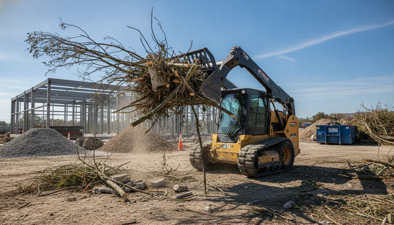 Skid steer loader with grapple attachment clearing brush on a construction jobsite