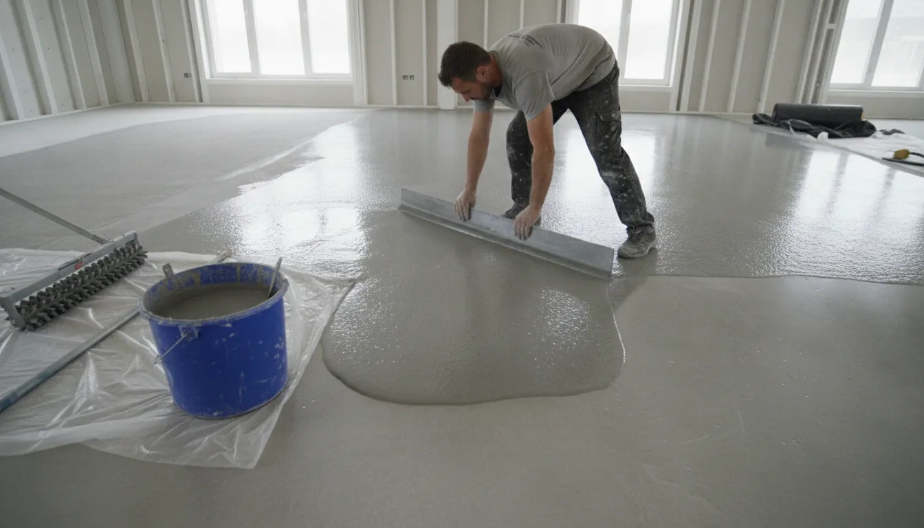 Worker grinding a concrete floor with a diamond grinder