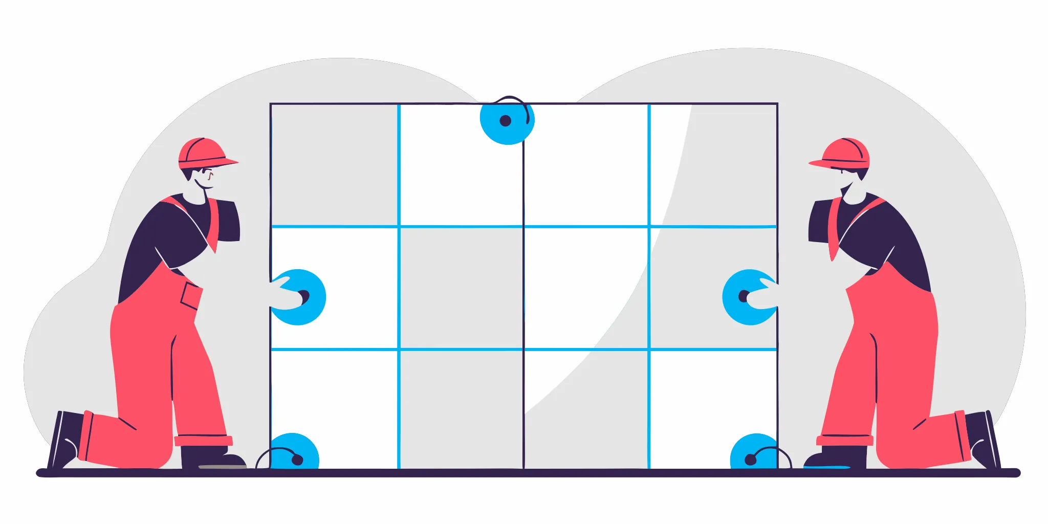 Two workers using glass suction cups to carry a large tile panel