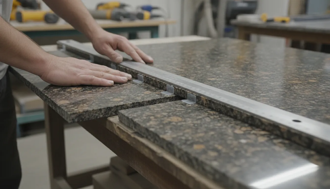 Fabricator dry-fitting seam-cut granite slabs with plastic shims and a straight edge in the shop