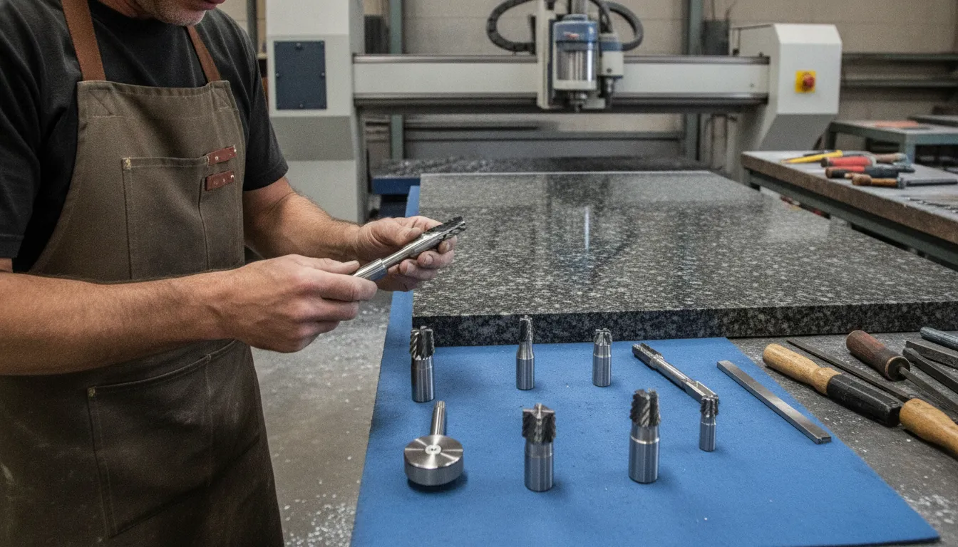 Diamond router bit profiles arranged beside a stone slab
