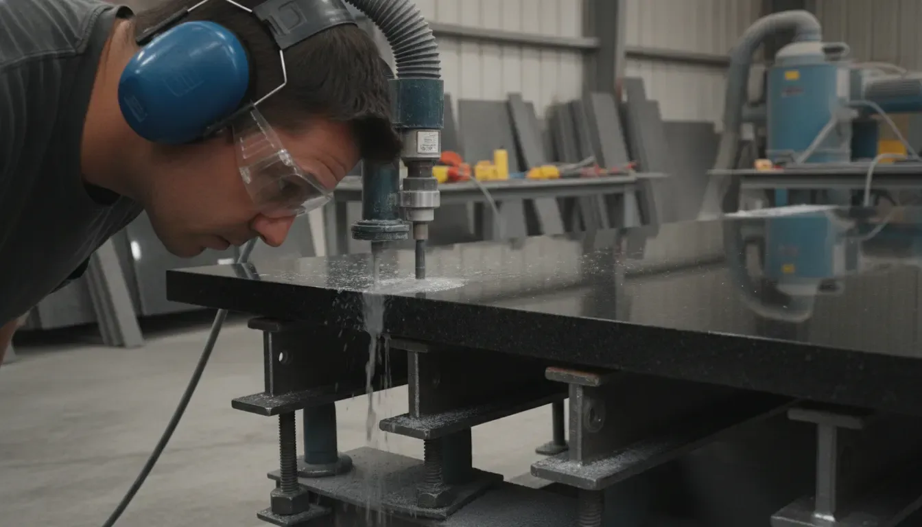 Supported granite slab during a water-cooled stone router setup