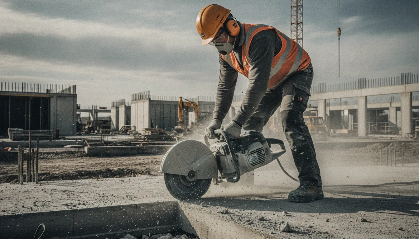 Professional contractor using a handheld concrete saw to make a precise wall cut