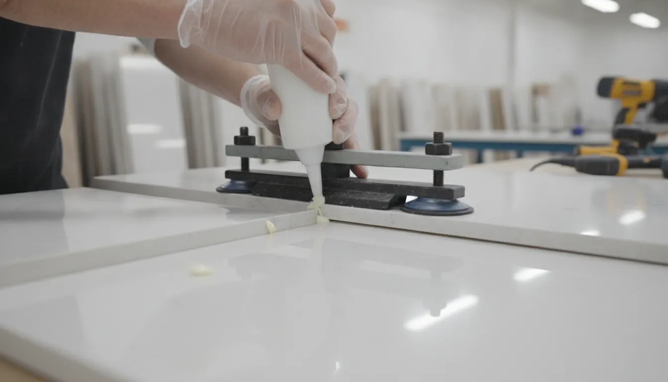 Fabricator applying adhesive along a quartz countertop seam and holding the joint with a seam setter clamp