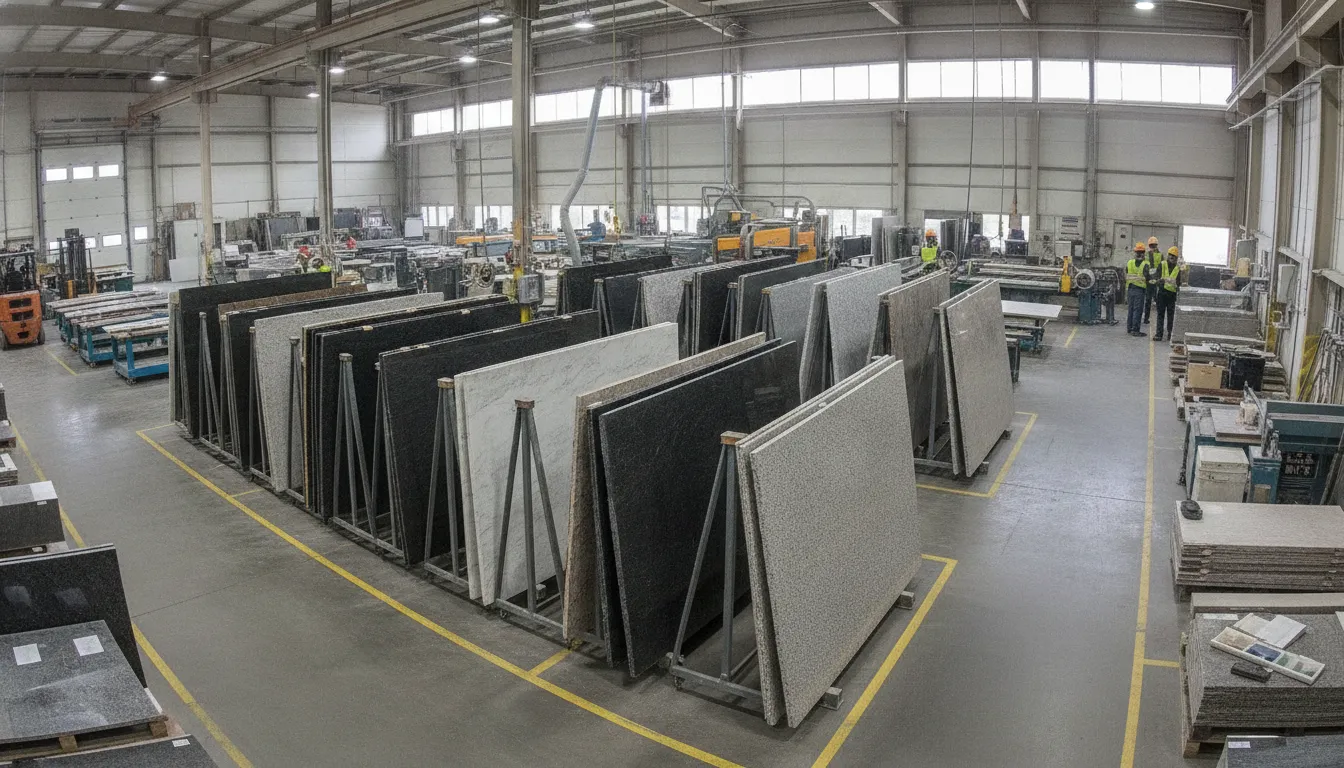 Well-organized stone fabrication shop with A-frame slab racks and clear safety markings on the workshop floor