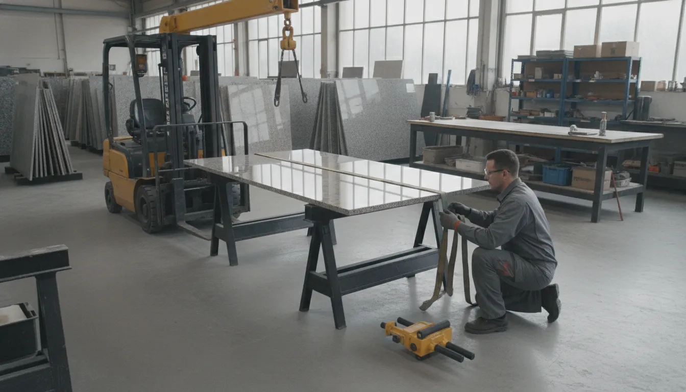 Inspecting slab lifting gear before handling stone