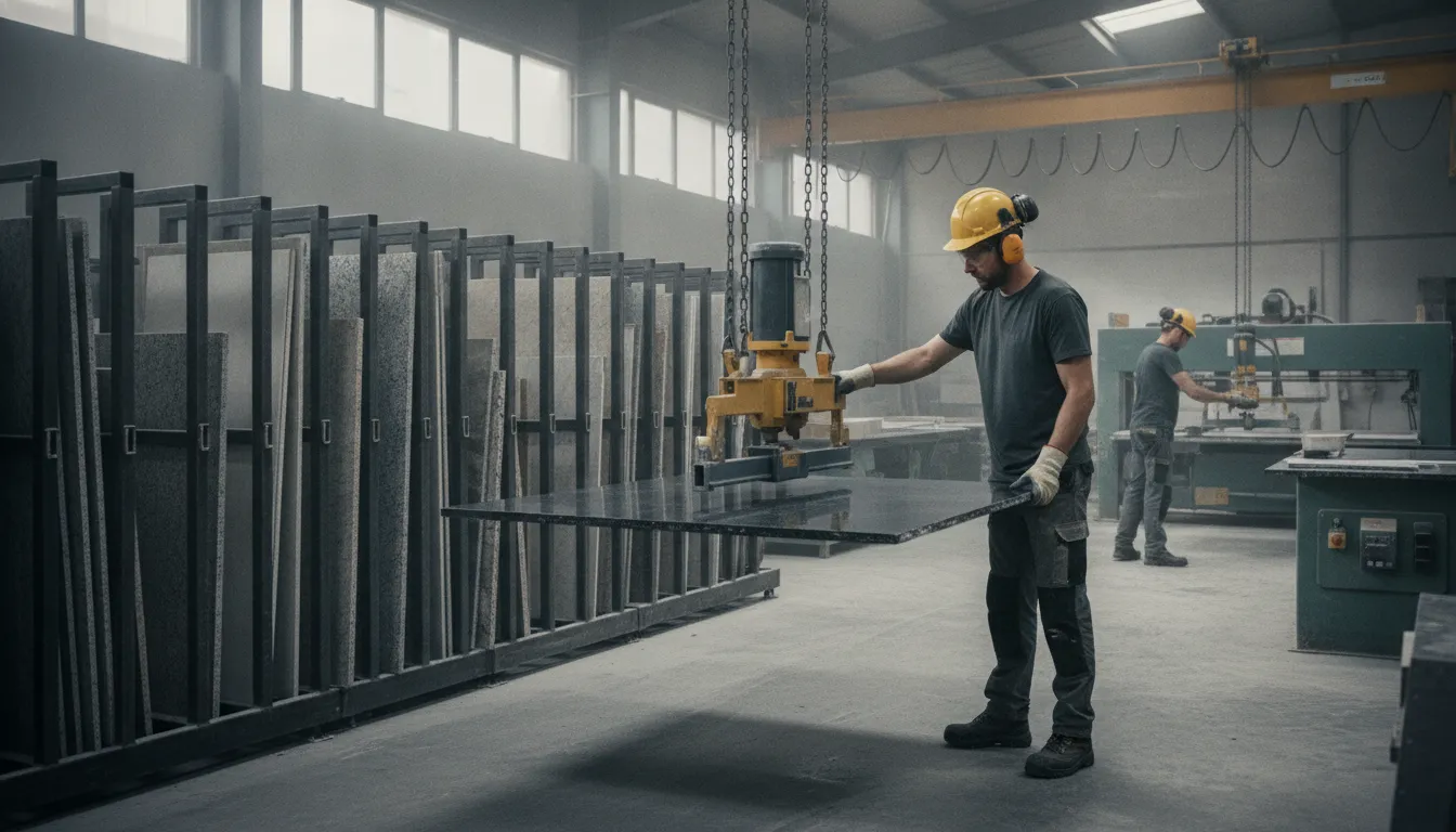 Granite slab lifting clamp in a professional stone fabrication shop