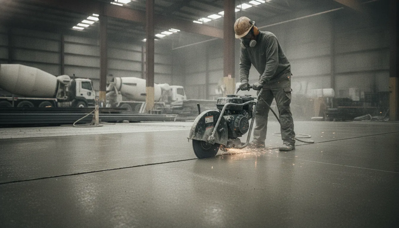 Professional walk-behind concrete saw cutting a straight joint in pavement