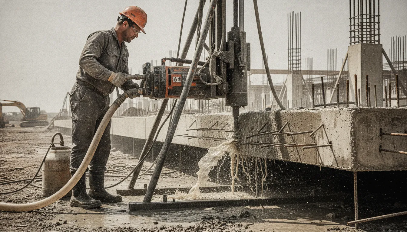 Wet diamond core bit drill rig cutting through concrete slab with water cooling on a construction site