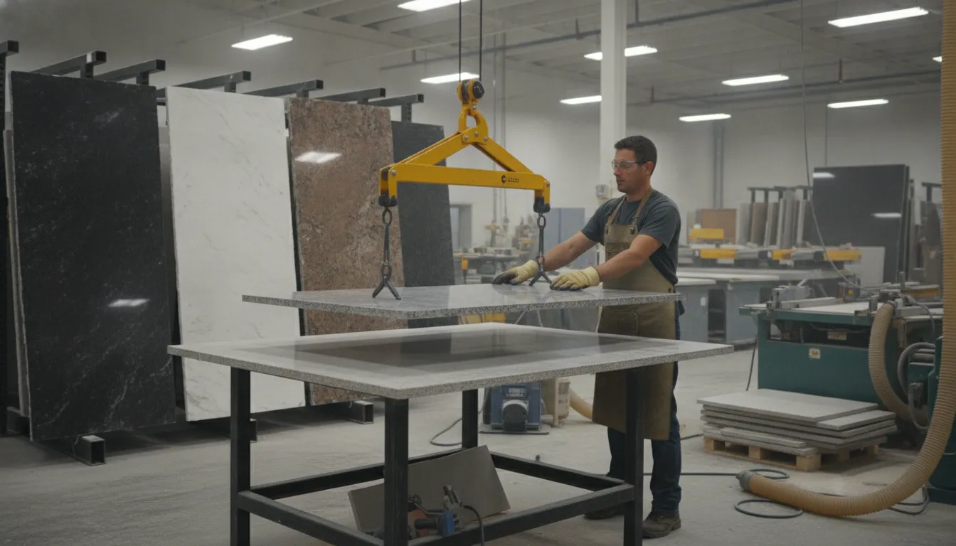 Granite slab scissor clamp lifting a slab upright near an A-frame rack in a fabrication shop