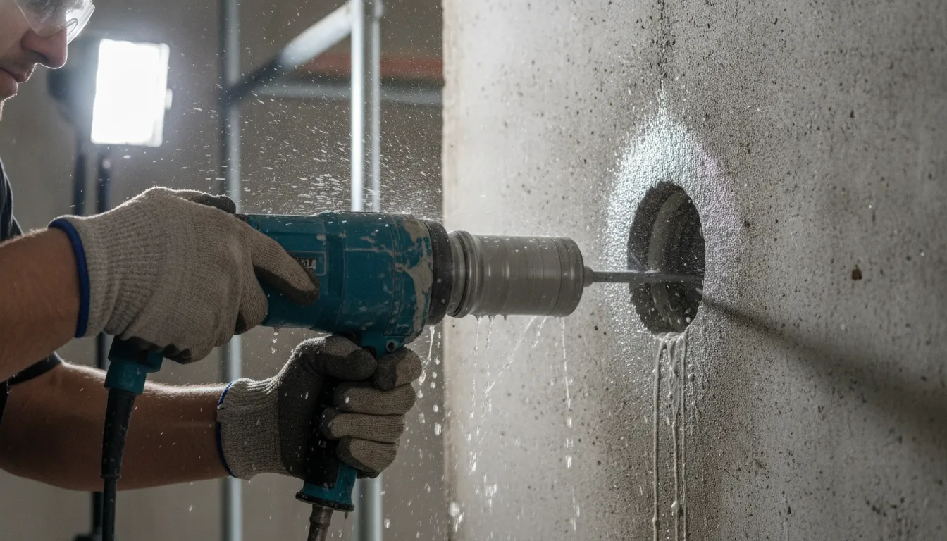 Contractor guiding a water-cooled diamond core drill through a concrete wall