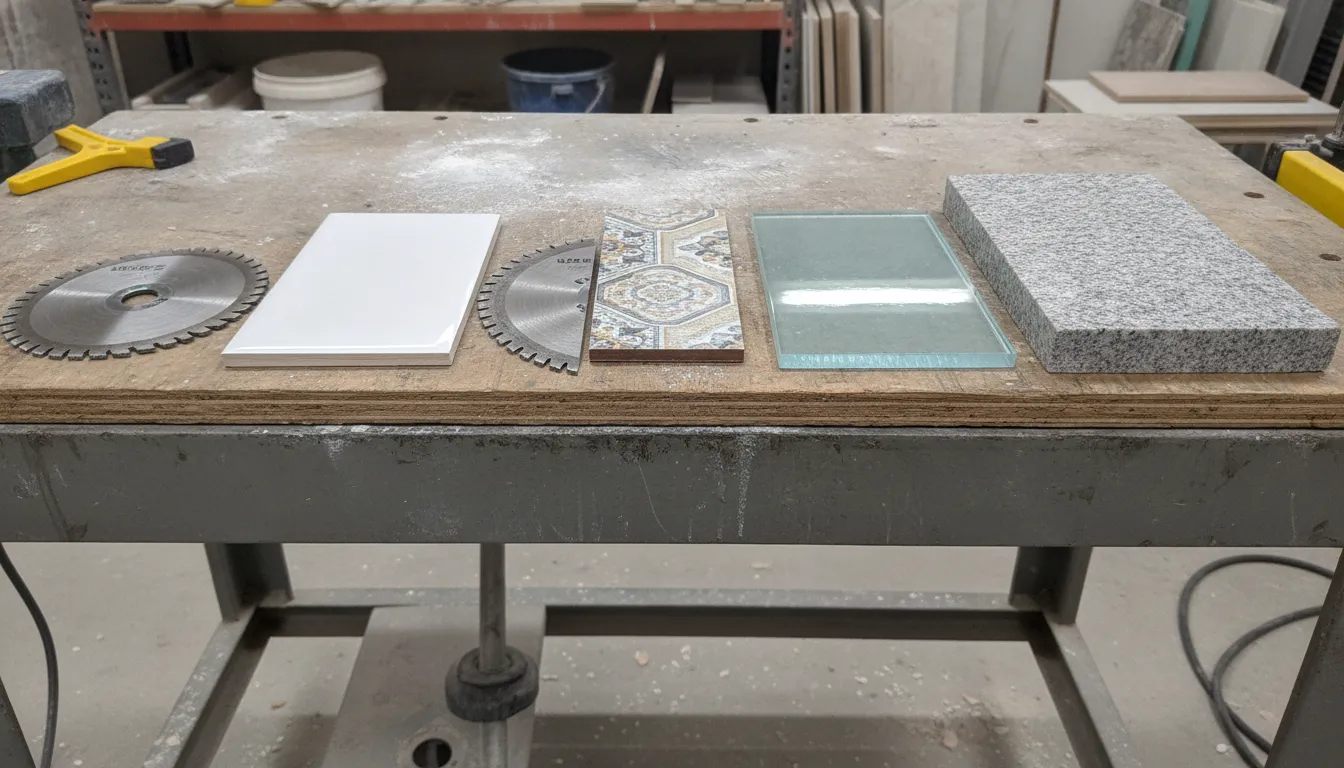 Diamond tile saw blade options beside porcelain, ceramic, glass, and stone samples