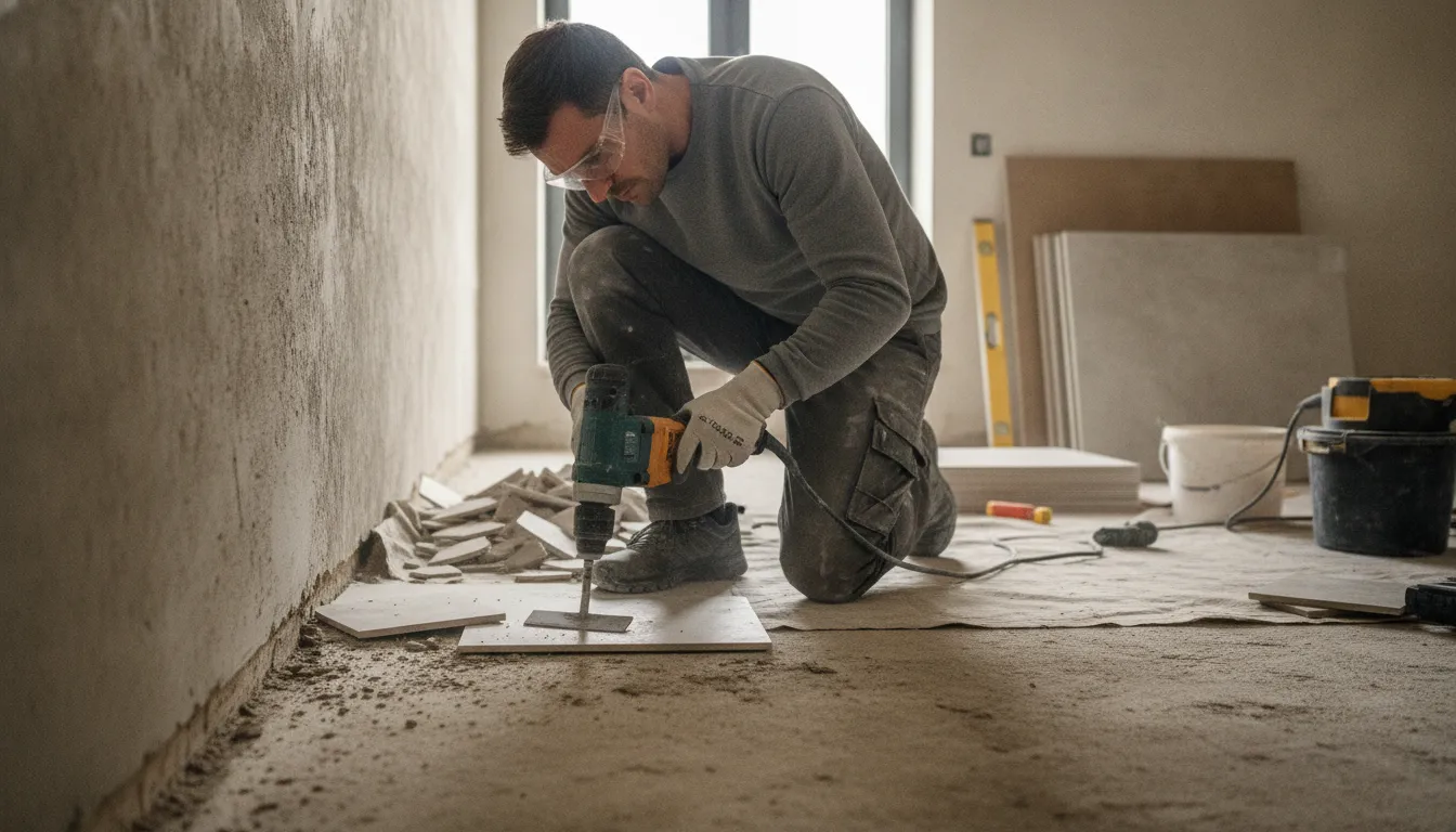 Contractor using a chisel attachment to remove tile along a wall edge