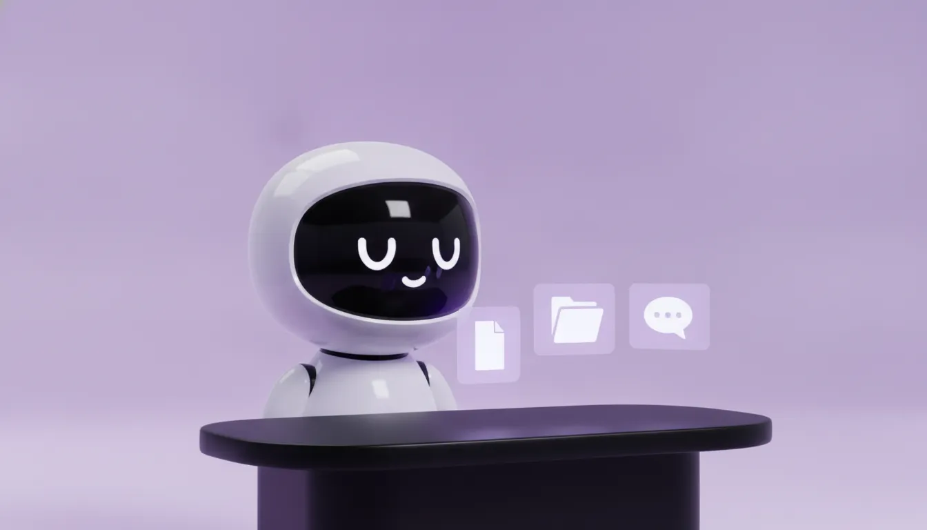 Friendly robot at a dark desk reviewing paper, folder, and chat cards while choosing an AI research assistant
