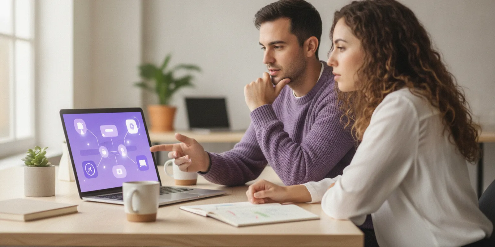 A small team reviewing AI software options on a laptop during a work session