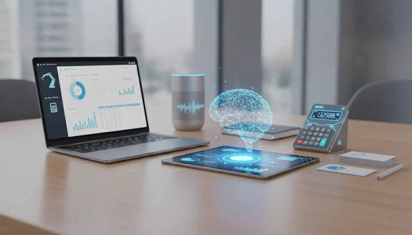 AI tools for small business accounting and finance on a laptop beside a tablet and calculator.