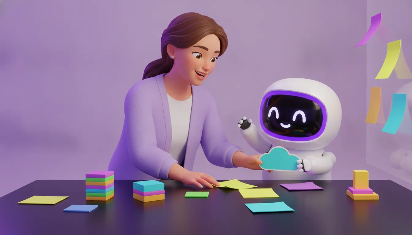 Teacher and friendly AI mascot organizing classroom planning materials