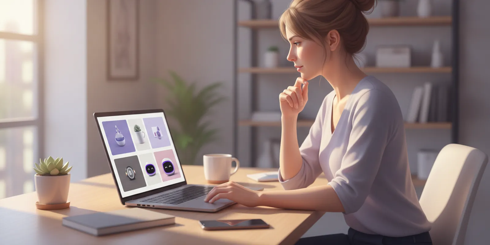 A small business owner reviewing several AI-generated product image concepts on a laptop