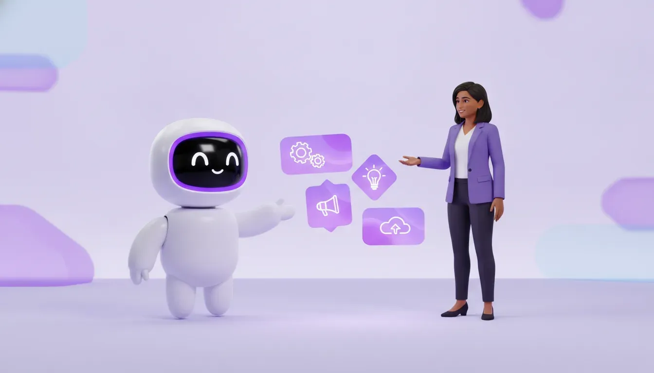 Friendly 3D robot and small-business owner comparing AI workflow options on glowing violet cards.
