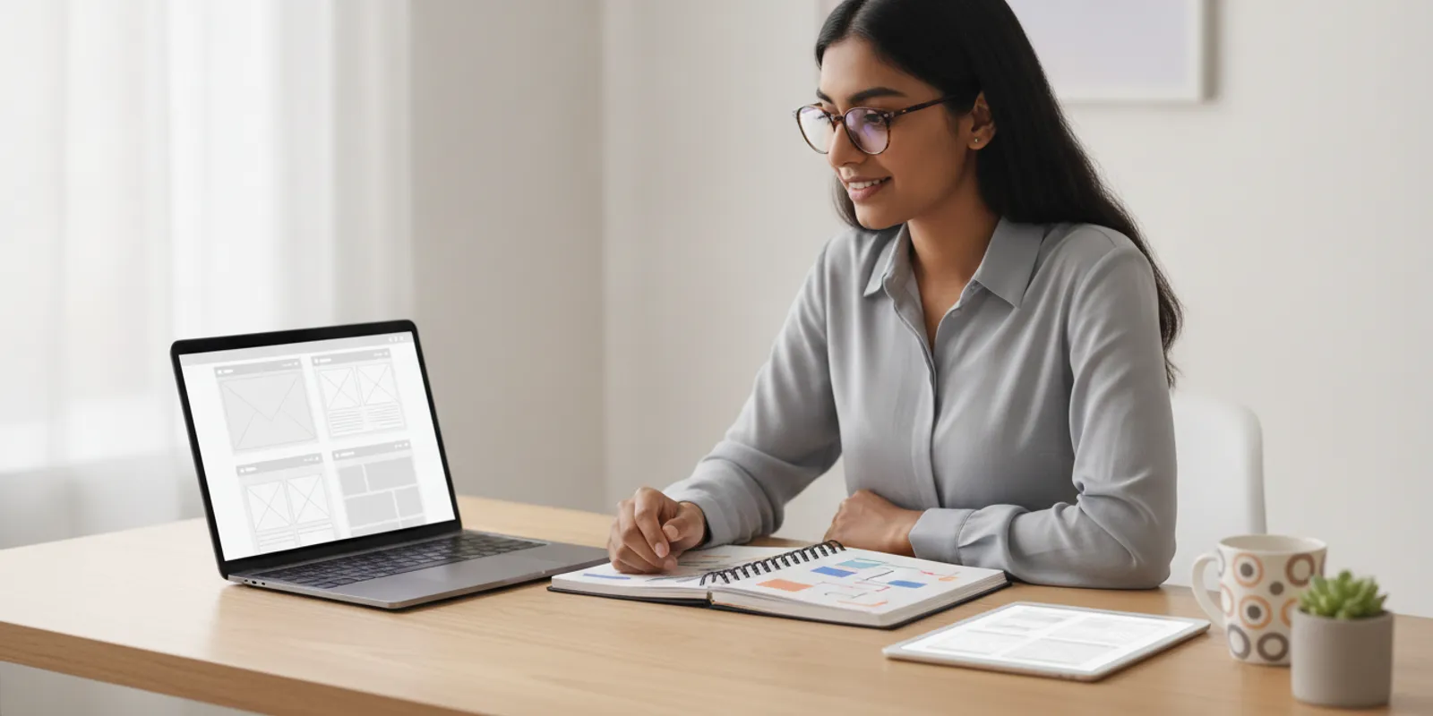 Person comparing AI website builder options on a laptop beside a website planning notebook
