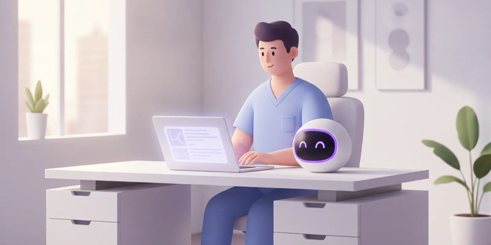 Clinician reviewing a draft visit note on a laptop in a quiet exam room