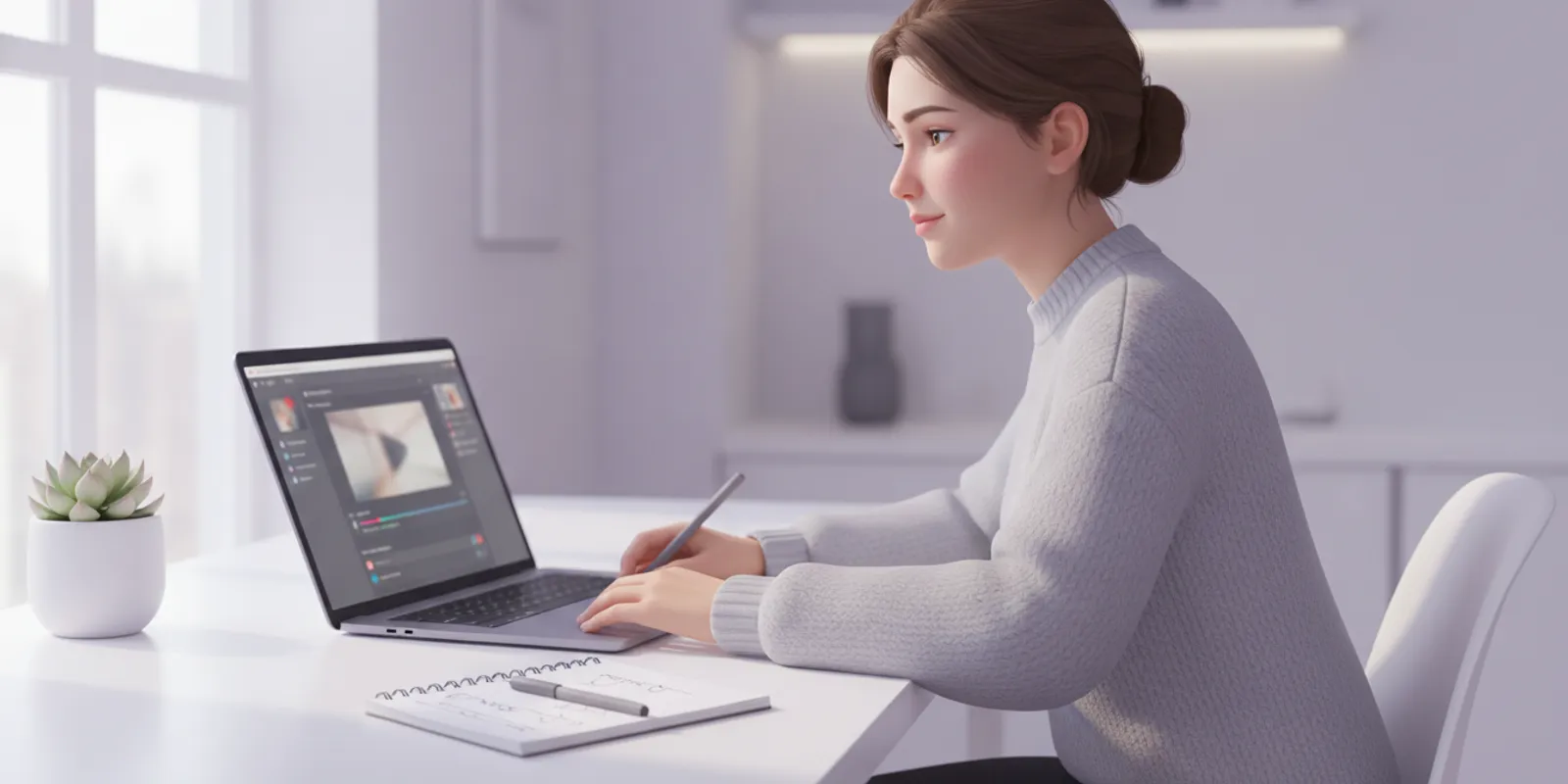 A creator reviewing a short video draft on a laptop at a desk