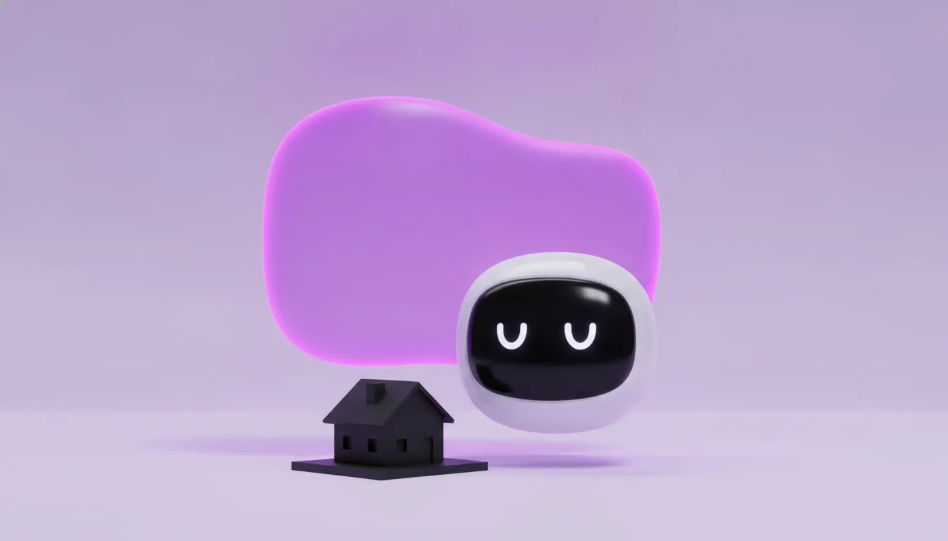 Rounded robot mascot beside a small black house model on a soft lavender background with a violet glow