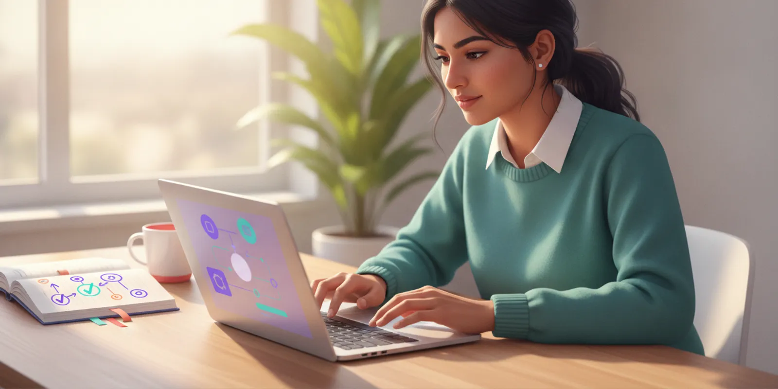 Small business owner reviewing a connected workflow on a laptop at a bright desk