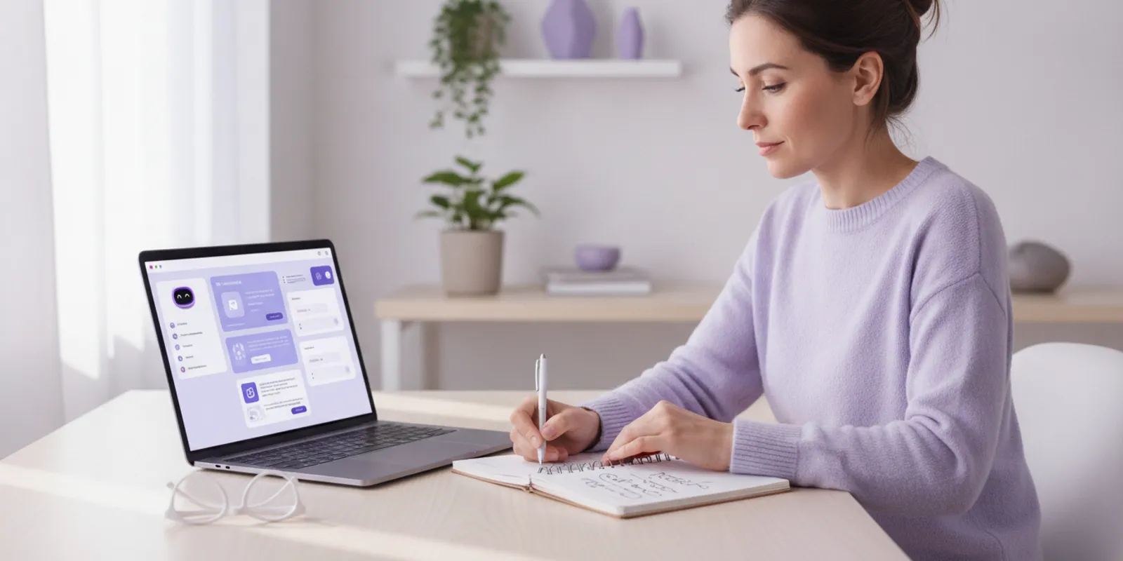 A small business owner comparing AI software on a laptop at a tidy desk