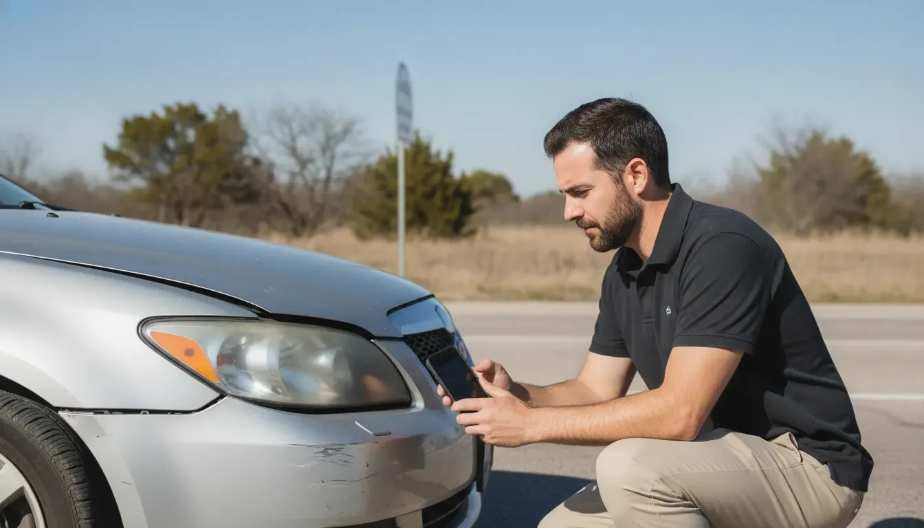 Austin driver documenting vehicle damage after a crash