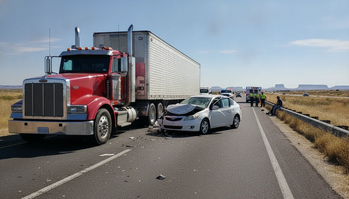 Large commercial semi-truck next to a small passenger car on a Texas highway showing the dramatic size difference in truck versus car accidents