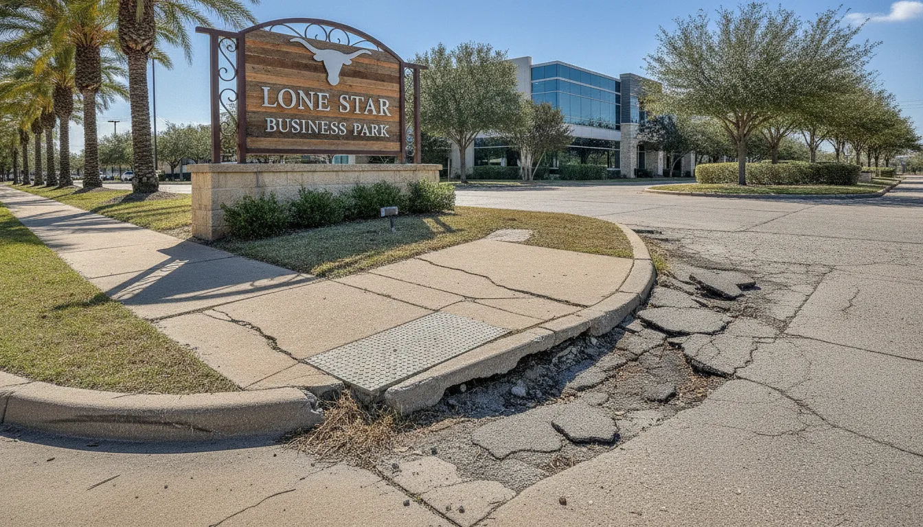 Cracked uneven sidewalk outside a commercial building creating a trip hazard