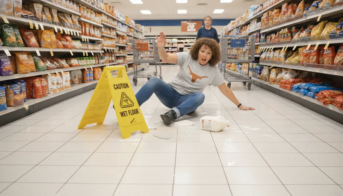 Person slipping on a wet grocery store floor beside a yellow caution sign