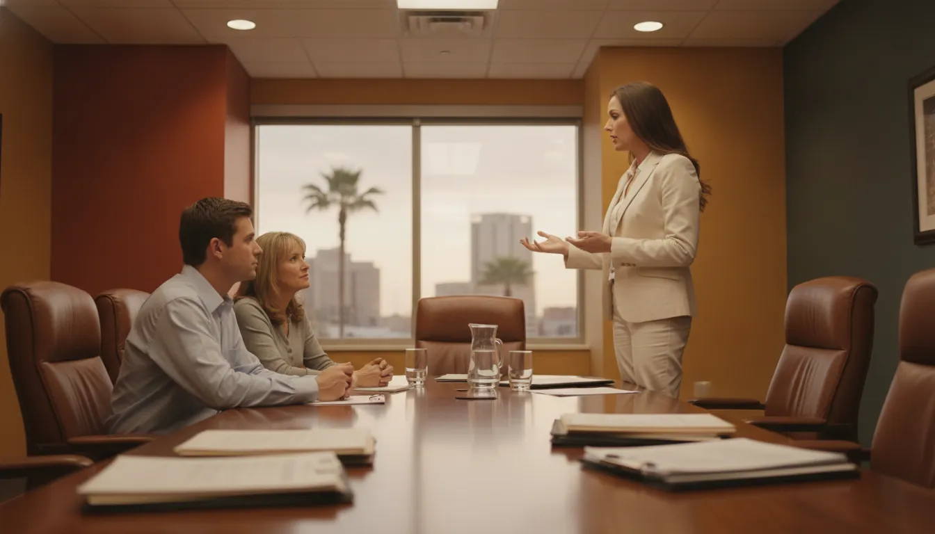 Injury lawyer explaining contingency fee options to a family in a Texas law office