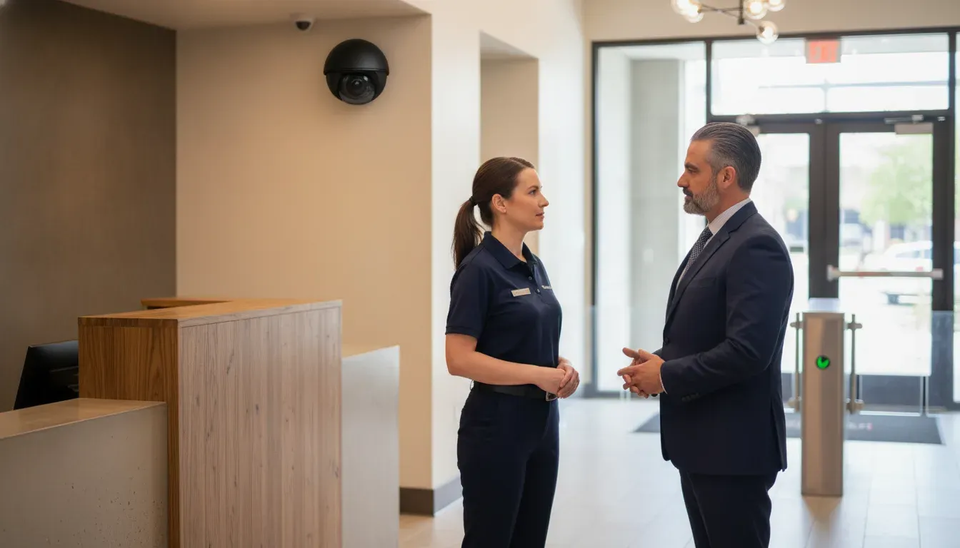 A property manager and visitor discuss building security near a visible camera