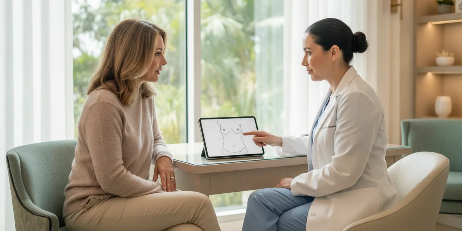 A woman discussing body contouring goals with a physician in a bright consultation room