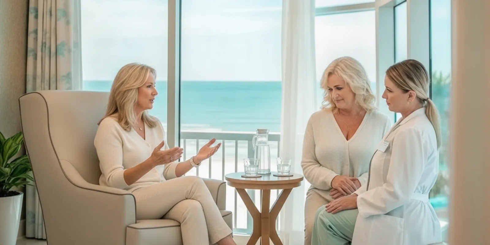 A woman discussing personalized body contouring goals with a physician in a bright consultation room