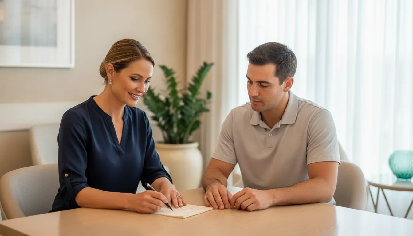 Physician and adult patient reviewing facial skin notes in a bright Naples consultation room