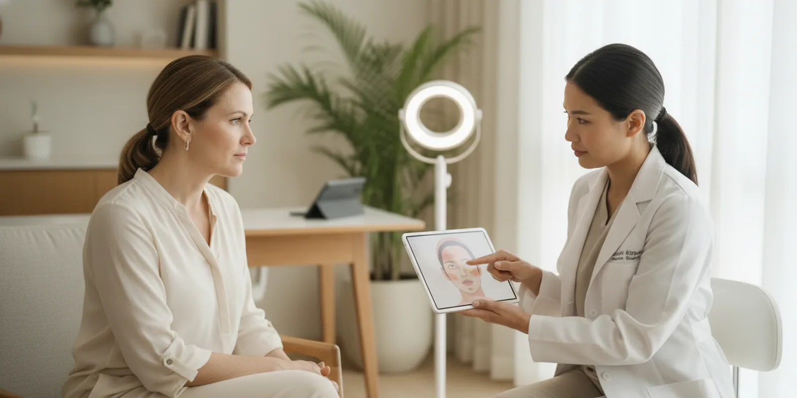 Woman discussing facial pigmentation with a physician in a bright consultation room