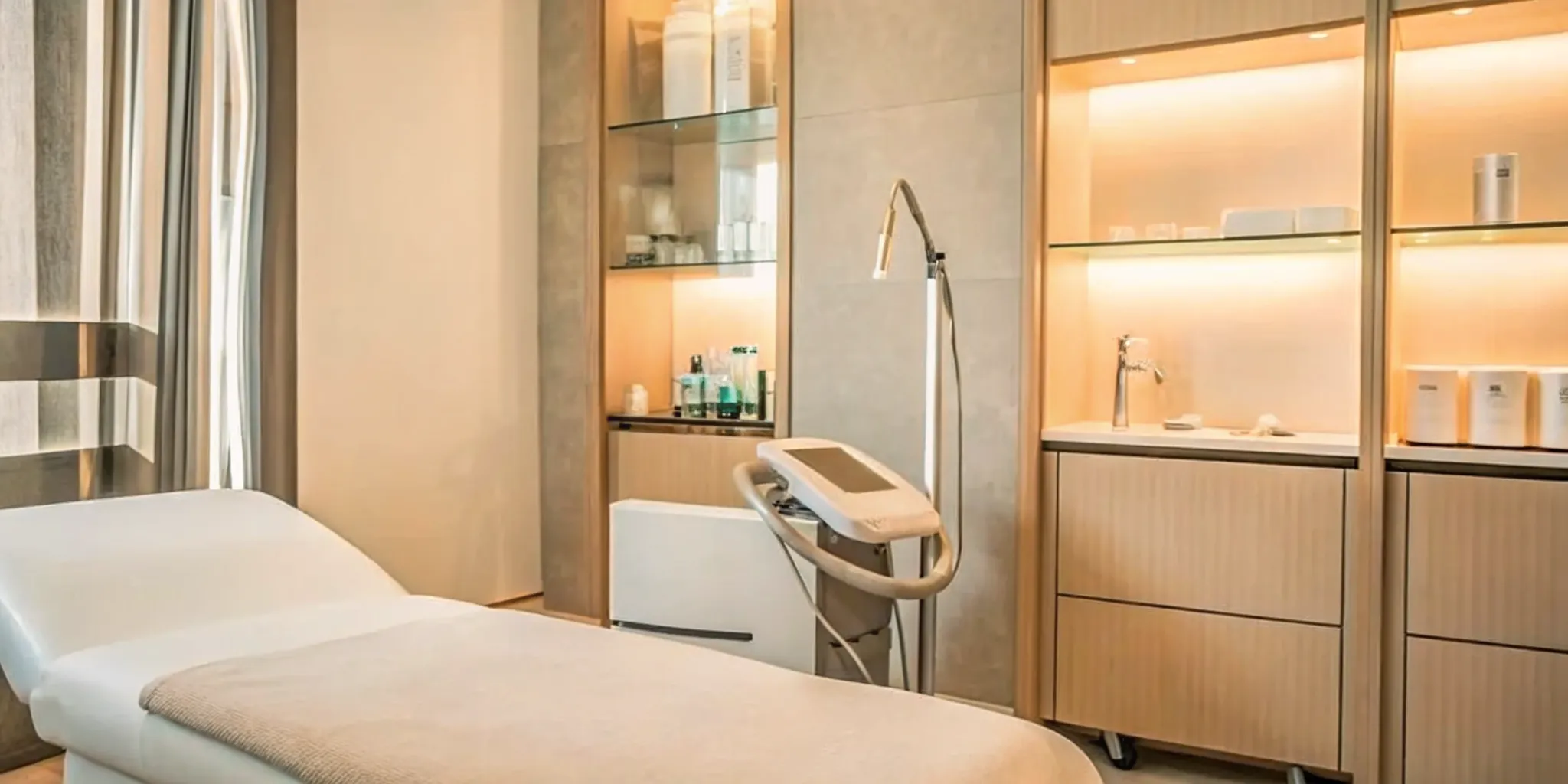 A modern, sleek medical spa consultation room with body contouring technology
