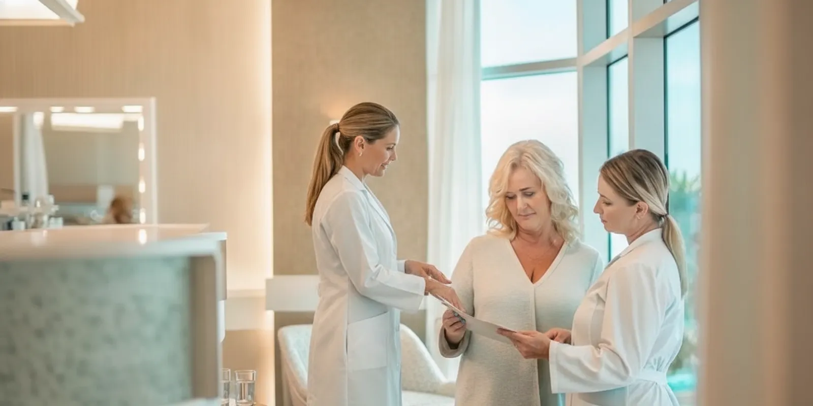 Patient discussing EMS body sculpting goals with a medical provider in a calm consultation room