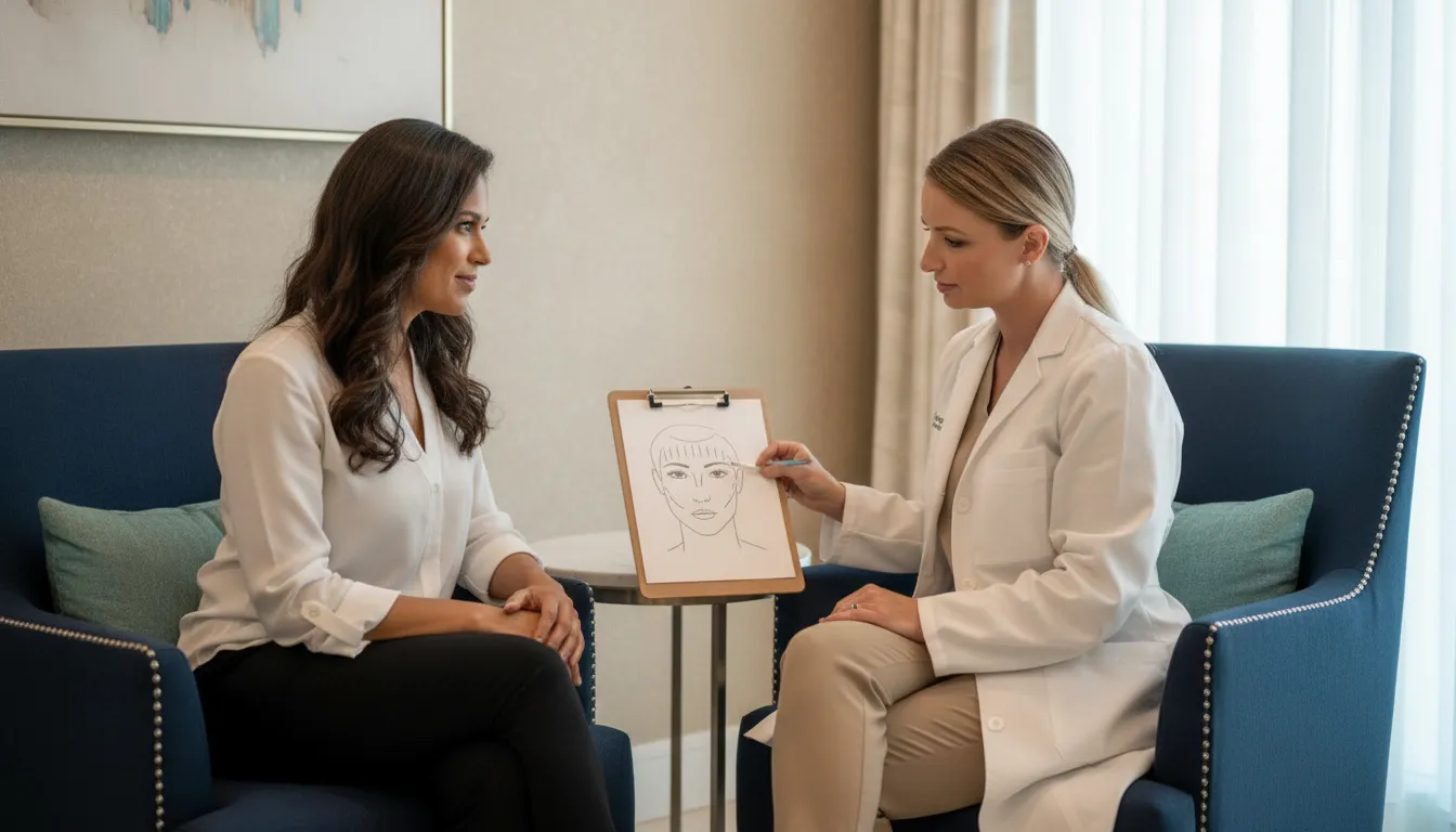 Physician reviewing a forehead treatment plan with a patient in a calm Naples consultation room