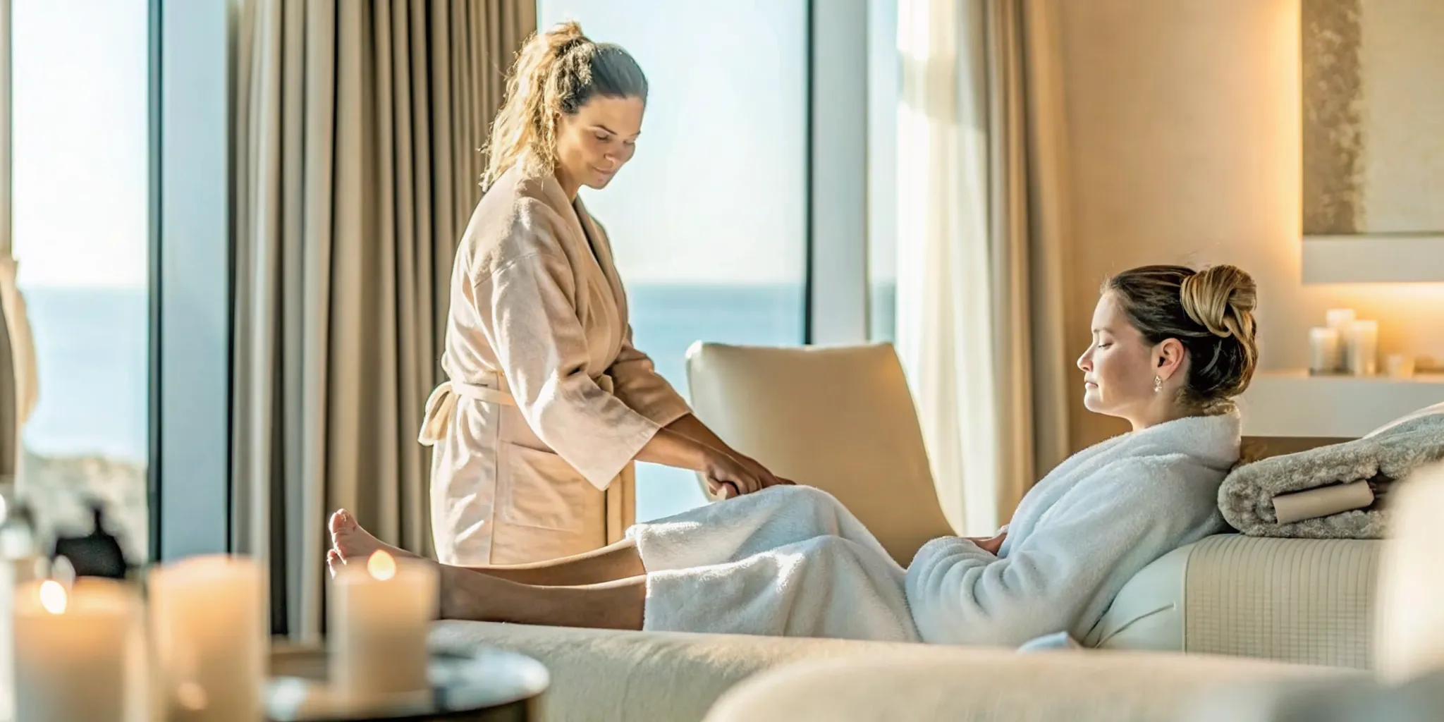 Wellness professional reviewing a body composition plan with a relaxed client in a spa suite