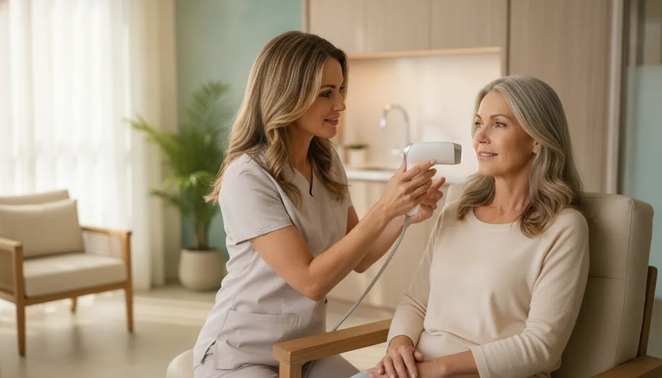 Physician reviewing a patient's skin during a skin rejuvenation assessment at a Naples medical spa