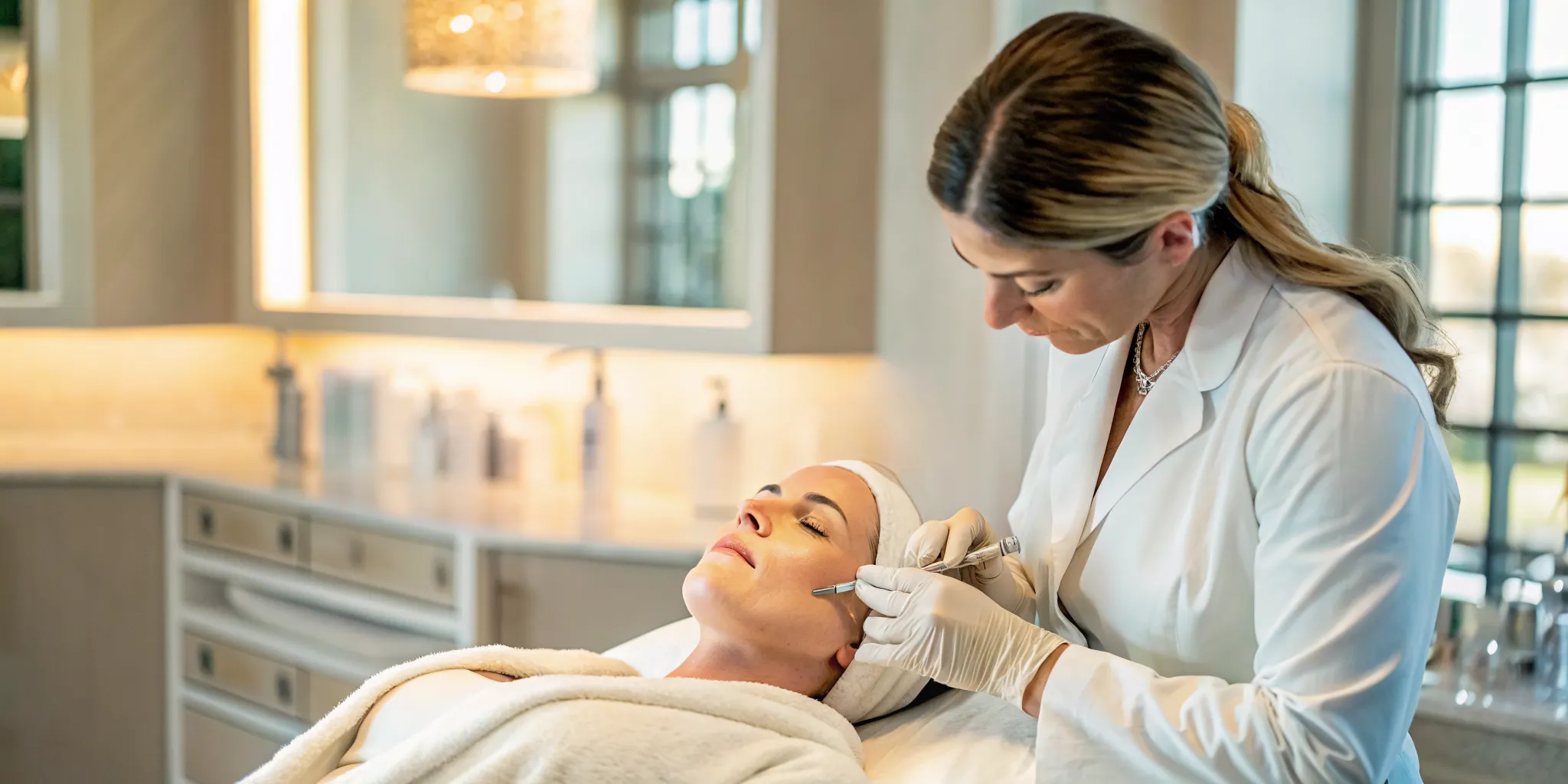 Aesthetic injector at Kenzi MedSpa preparing Kybella treatment for submental fat reduction in a luxury medical spa setting