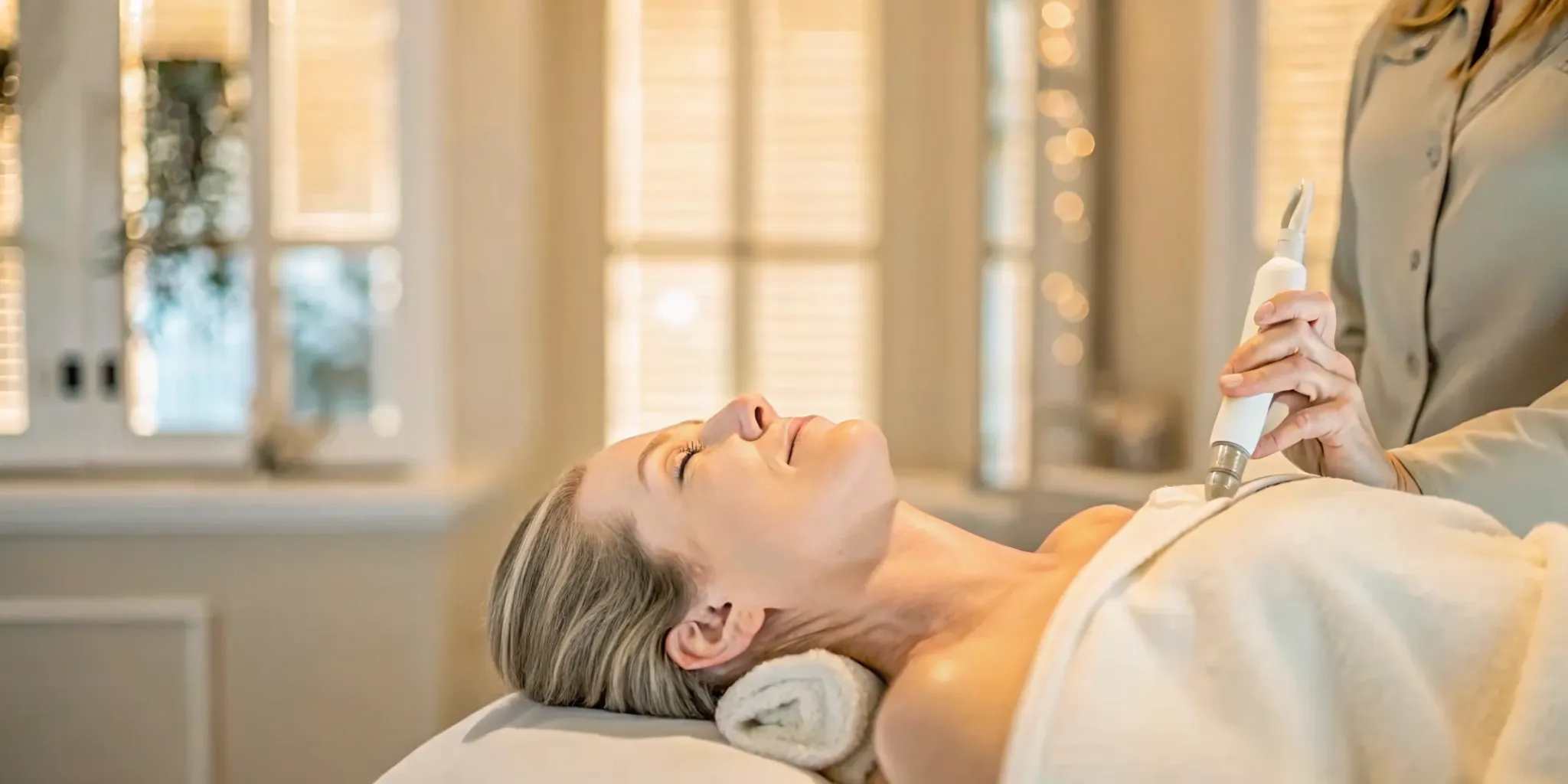Woman receiving gentle laser treatment in a luxury medical spa treatment room in Naples, Florida
