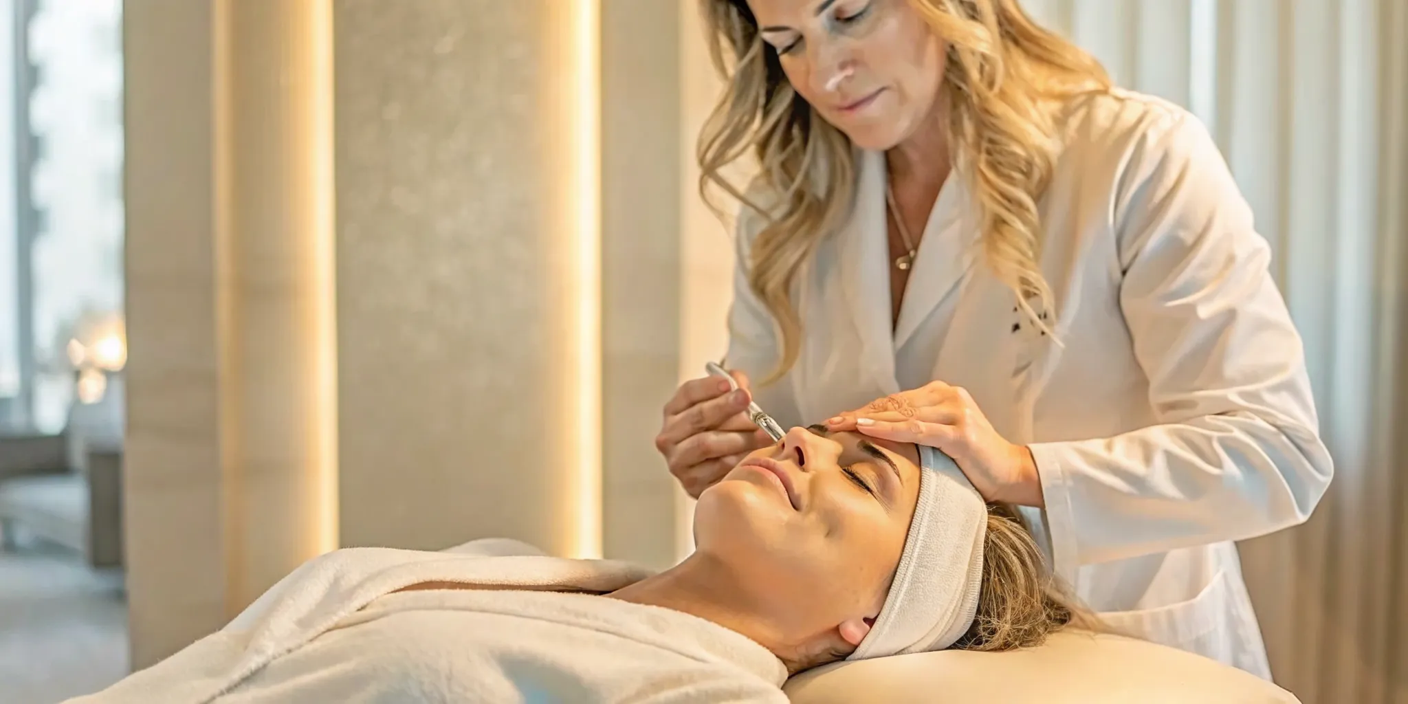 Luxury medical spa treatment room in Naples where a female physician performs a precise facial injection on a relaxed patient in an elegant setting