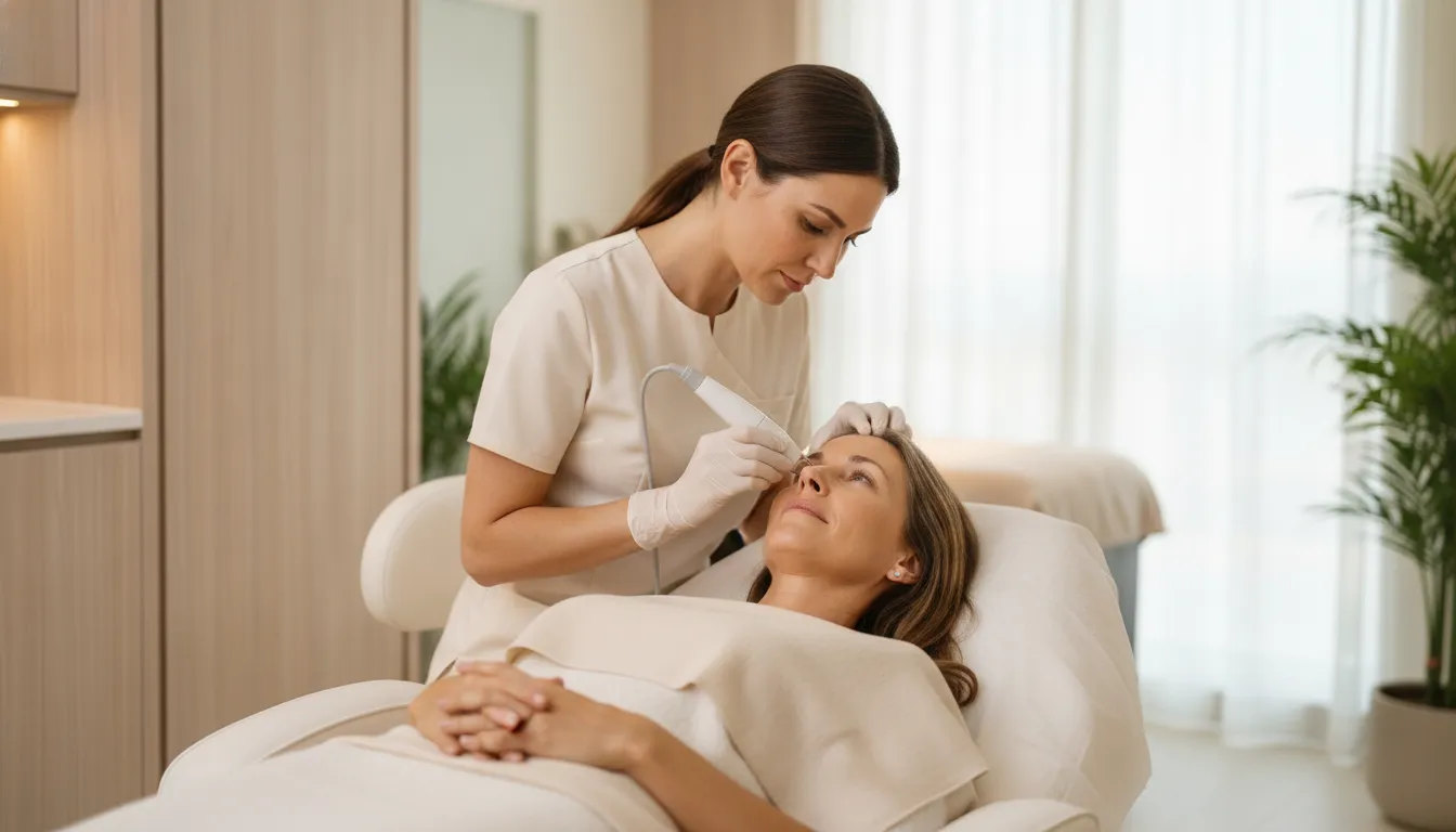 Patient discussing PRF under-eye treatment options with a clinician at a physician-led medical spa in Naples