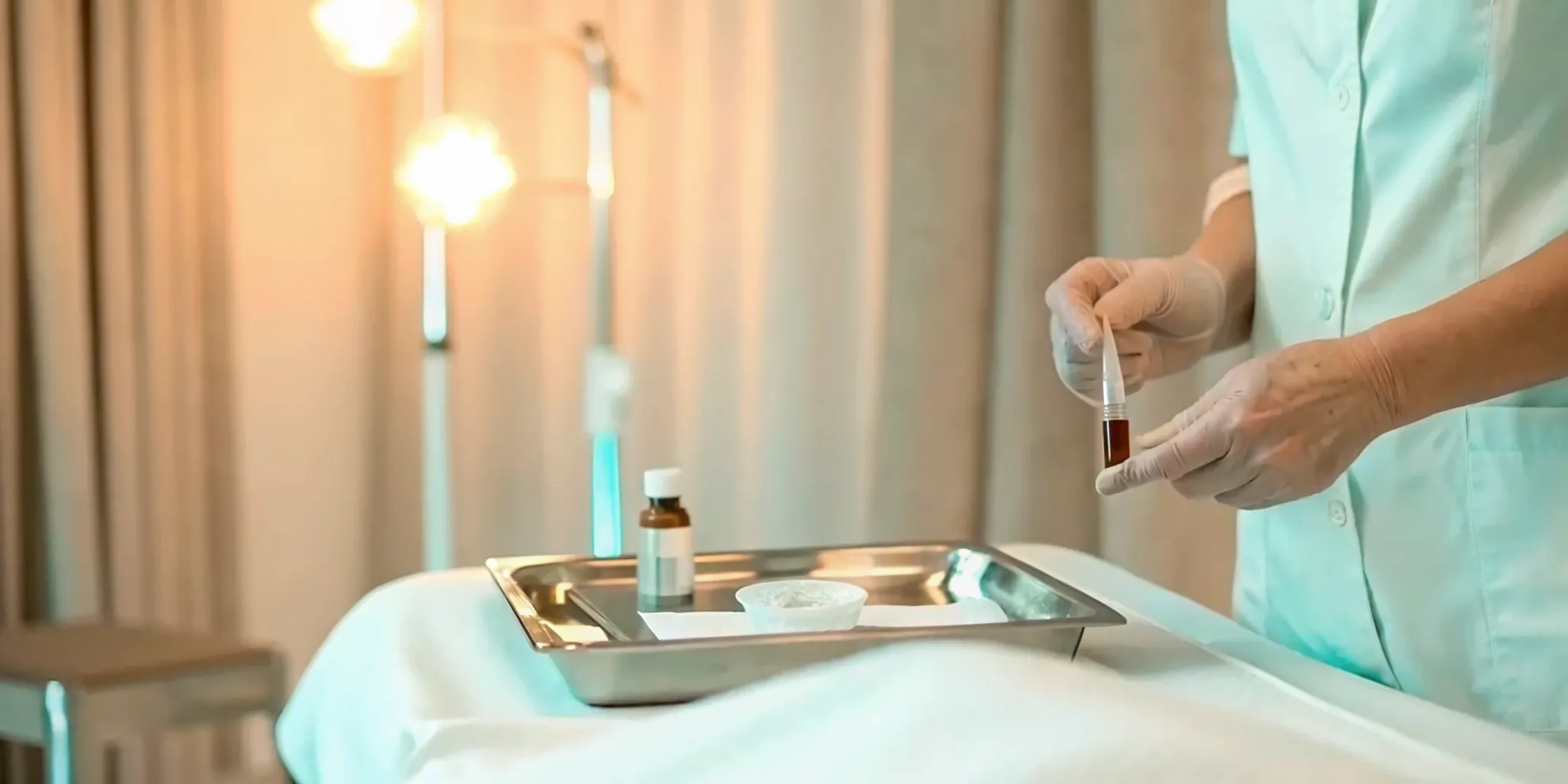 Medical aesthetic clinician preparing a blood sample for platelet-rich therapy in a professional med spa setting